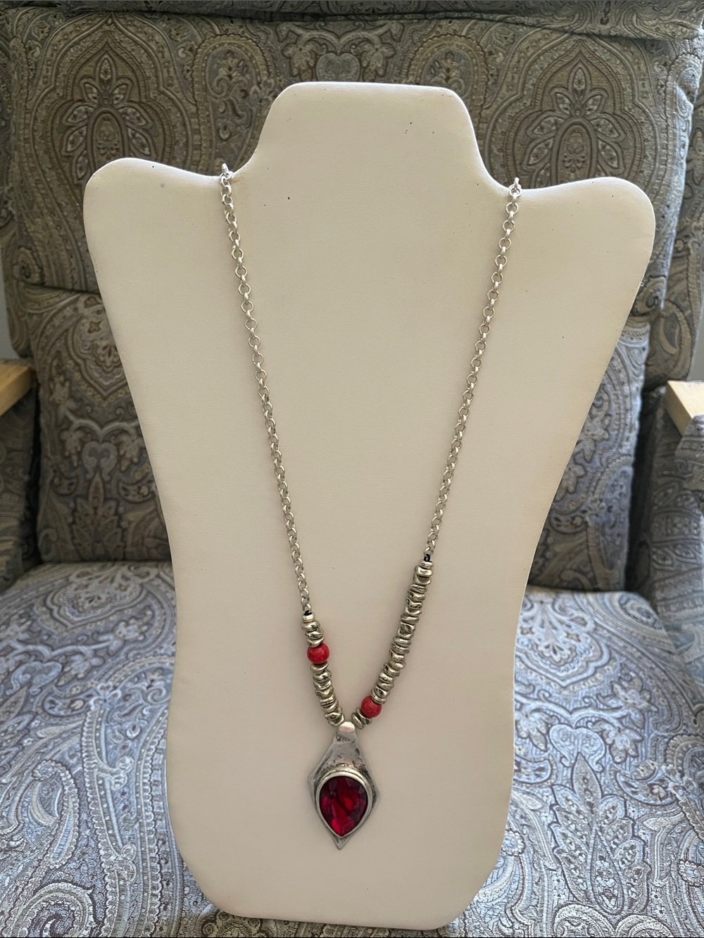 Silver Plated Necklace with Red Teardrop Pendant